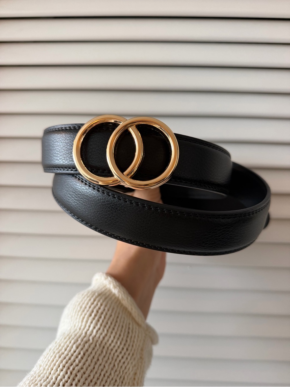 Bella Black Leather Belt with Gold Double Circle Buckle